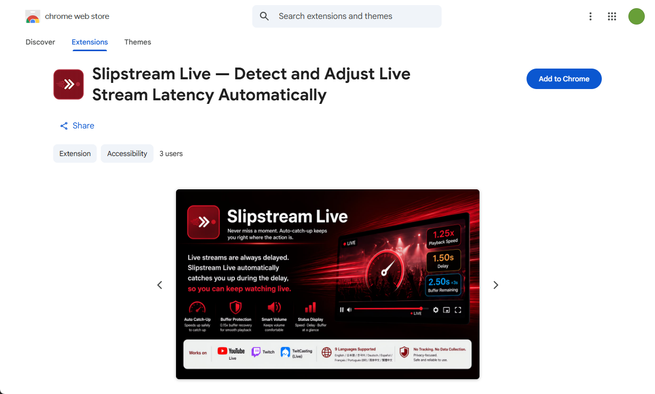 The Slipstream Live listing on the Chrome Web Store