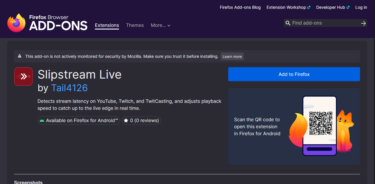 The Slipstream Live listing on Firefox Add-ons