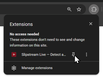 Pinning the extension from the puzzle-piece menu in Chrome
