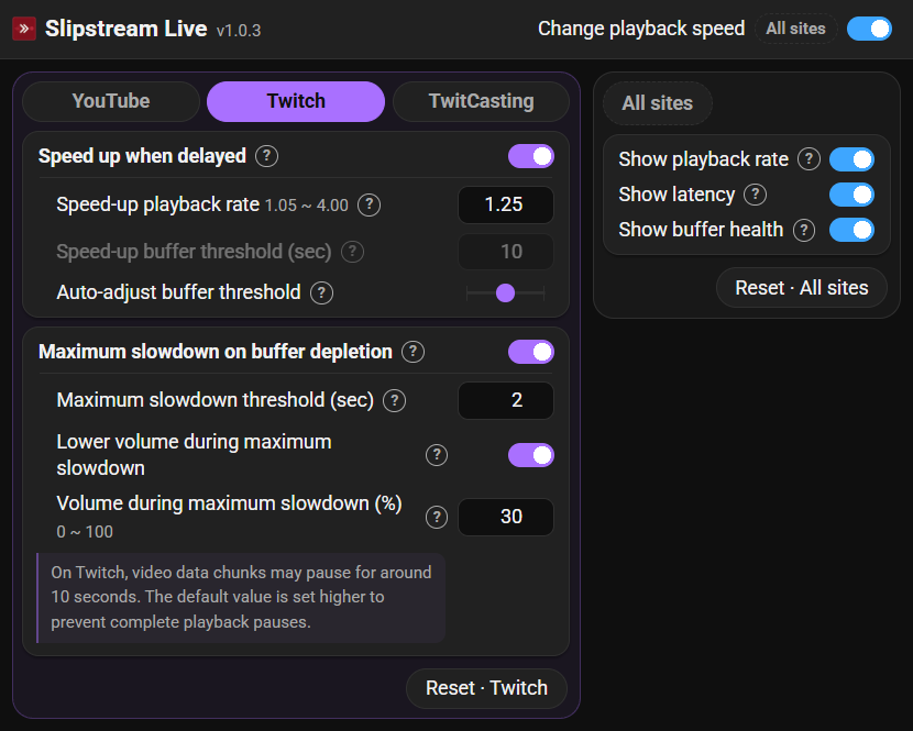 The settings screen with the Twitch tab selected