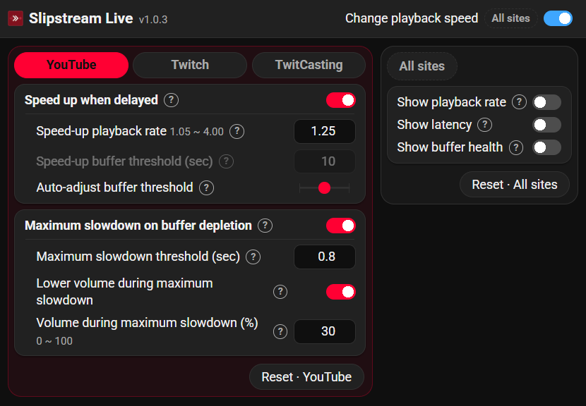 The Slipstream Live settings screen