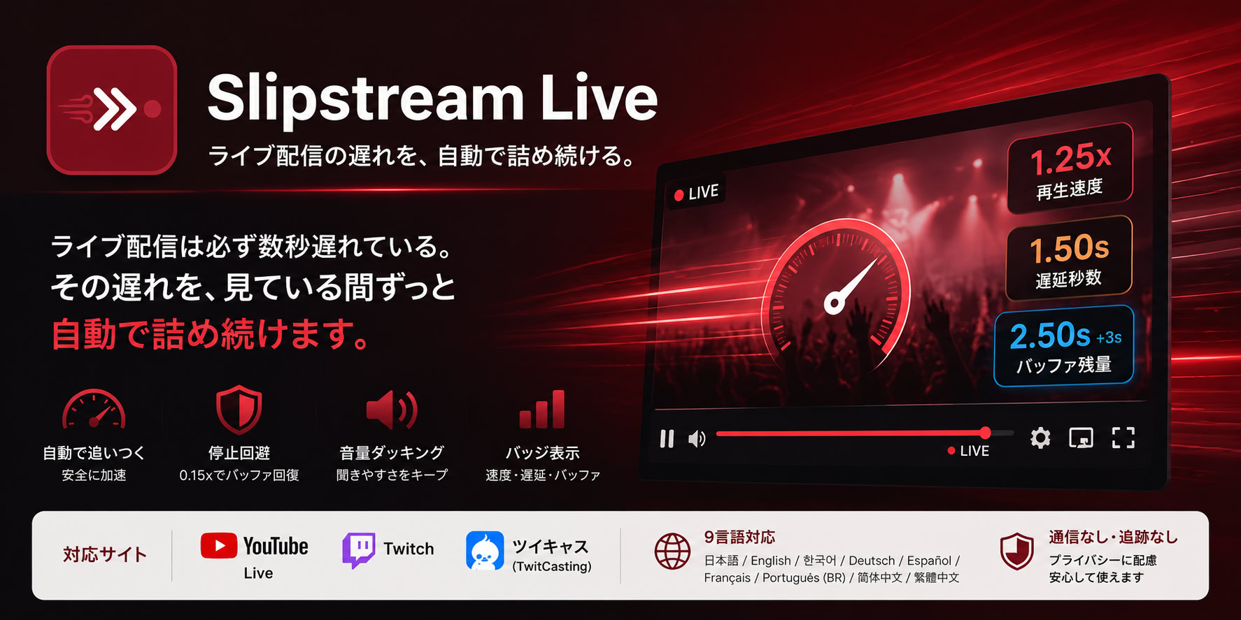 Slipstream Live — YouTube Live・Twitch・ツイキャス向けのライブ配信遅延調整ブラウザ拡張機能